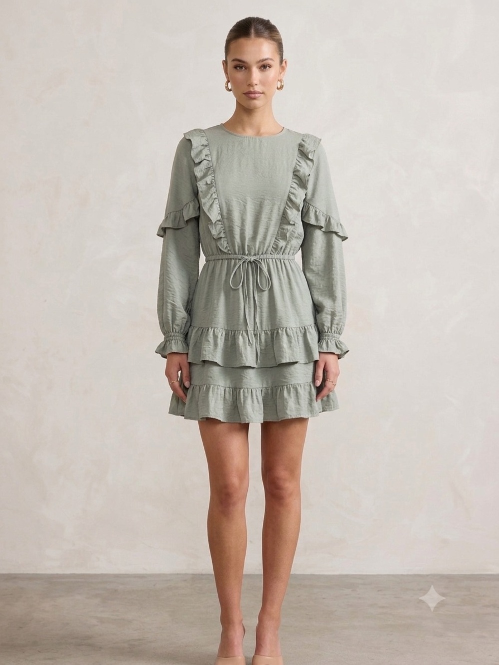 Saints + Secrets Sage Green Ruffle Tiered Mini Dress Boho Cottagecore XS
